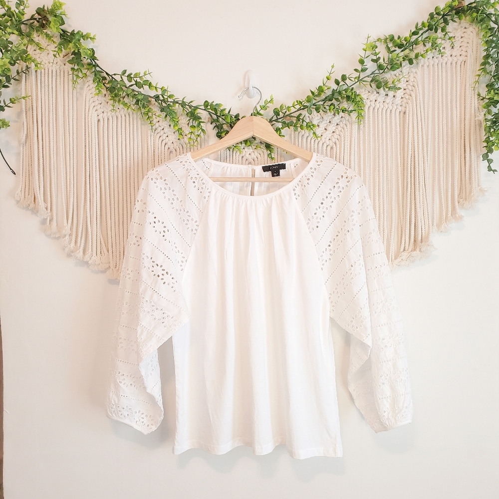 J.CREW White Floral Eyelet Puff Sleeve Keyhole Back Blouse sz S